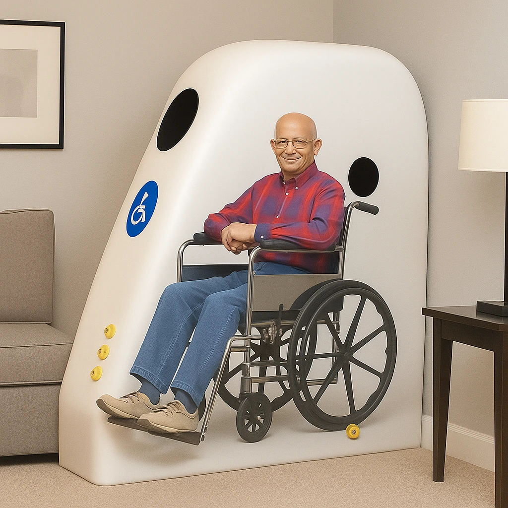Wheelchair hyperbaric chamber with man inside