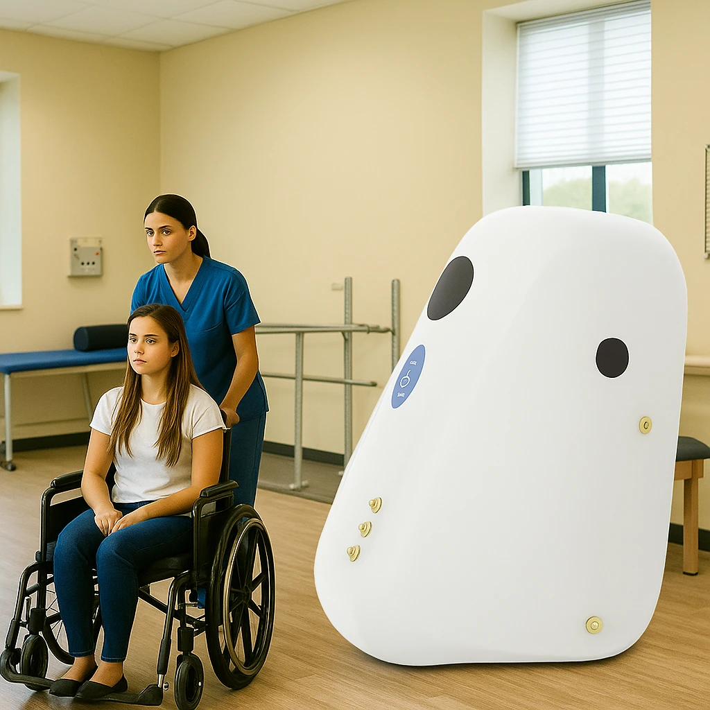 Wheelchier hyperbaric chamber with young woman in medical setting