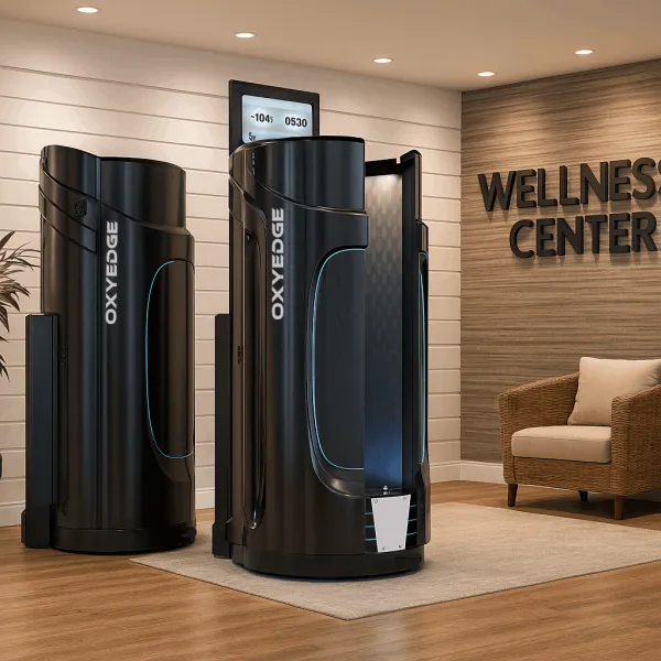 Two sleek cryotherapy machines, black and white.