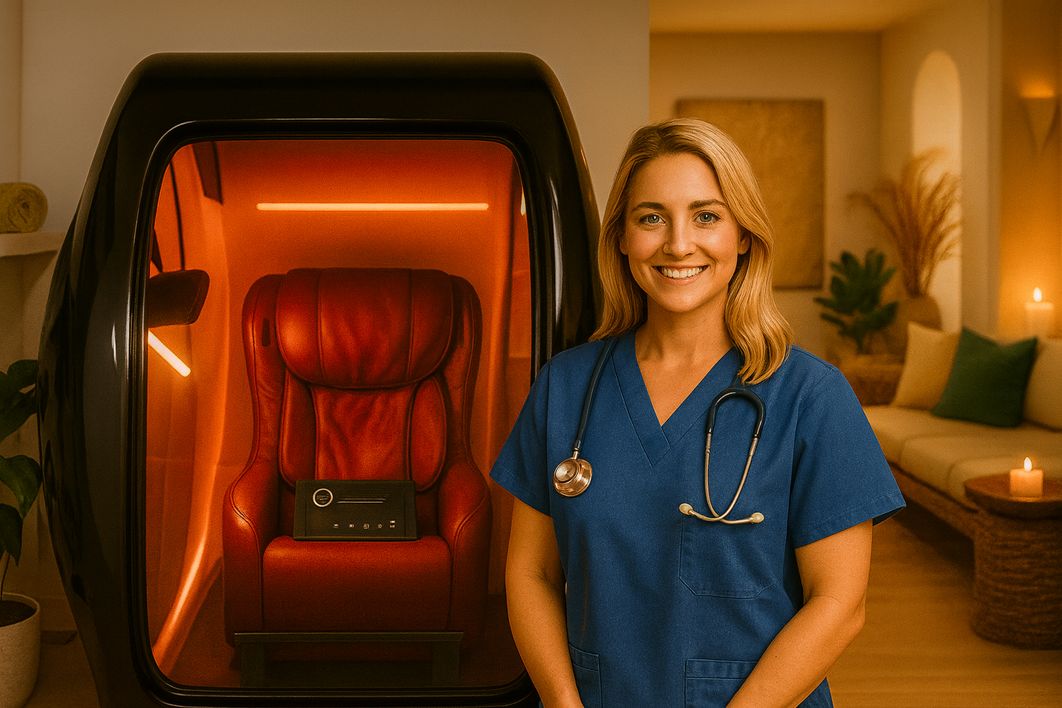 nurse next to hyperbaric chamber