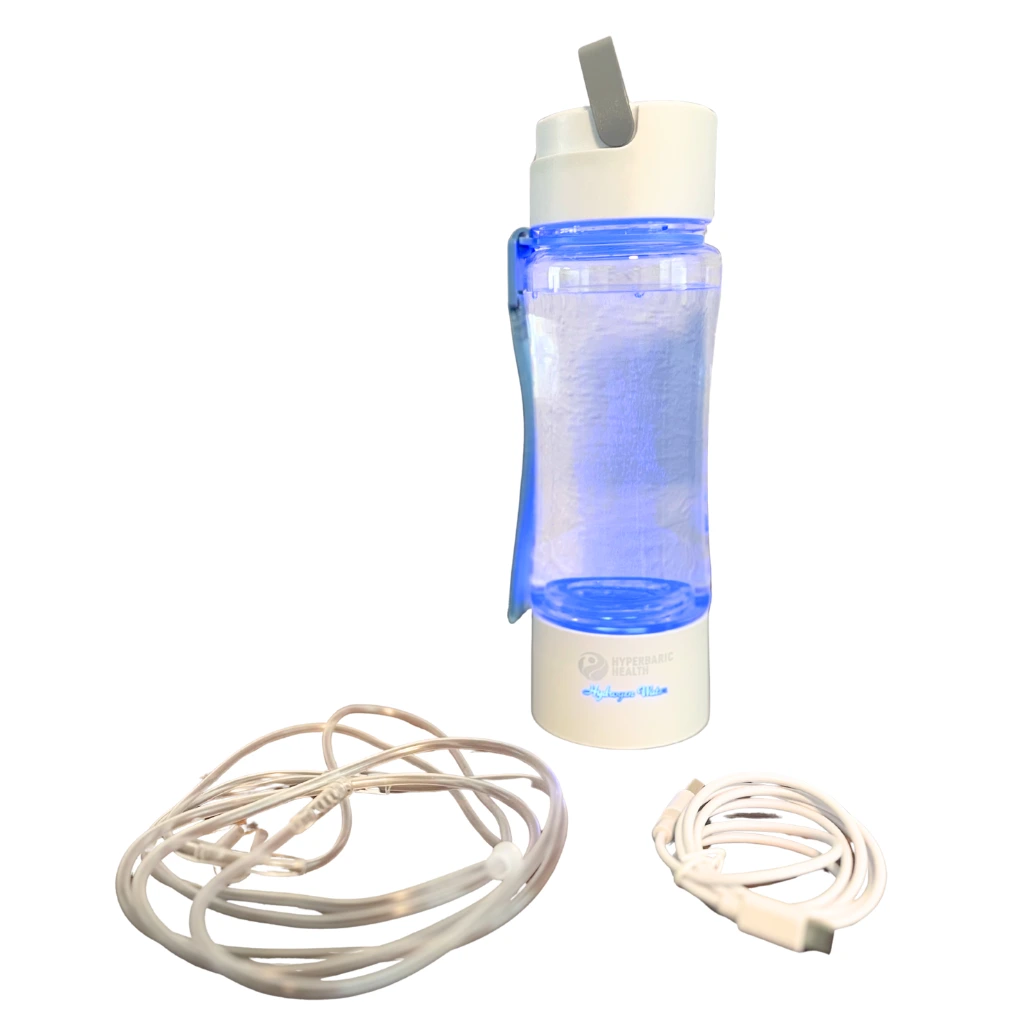 OxyEdge Hydrogen Pro Bottle with accessories and water on